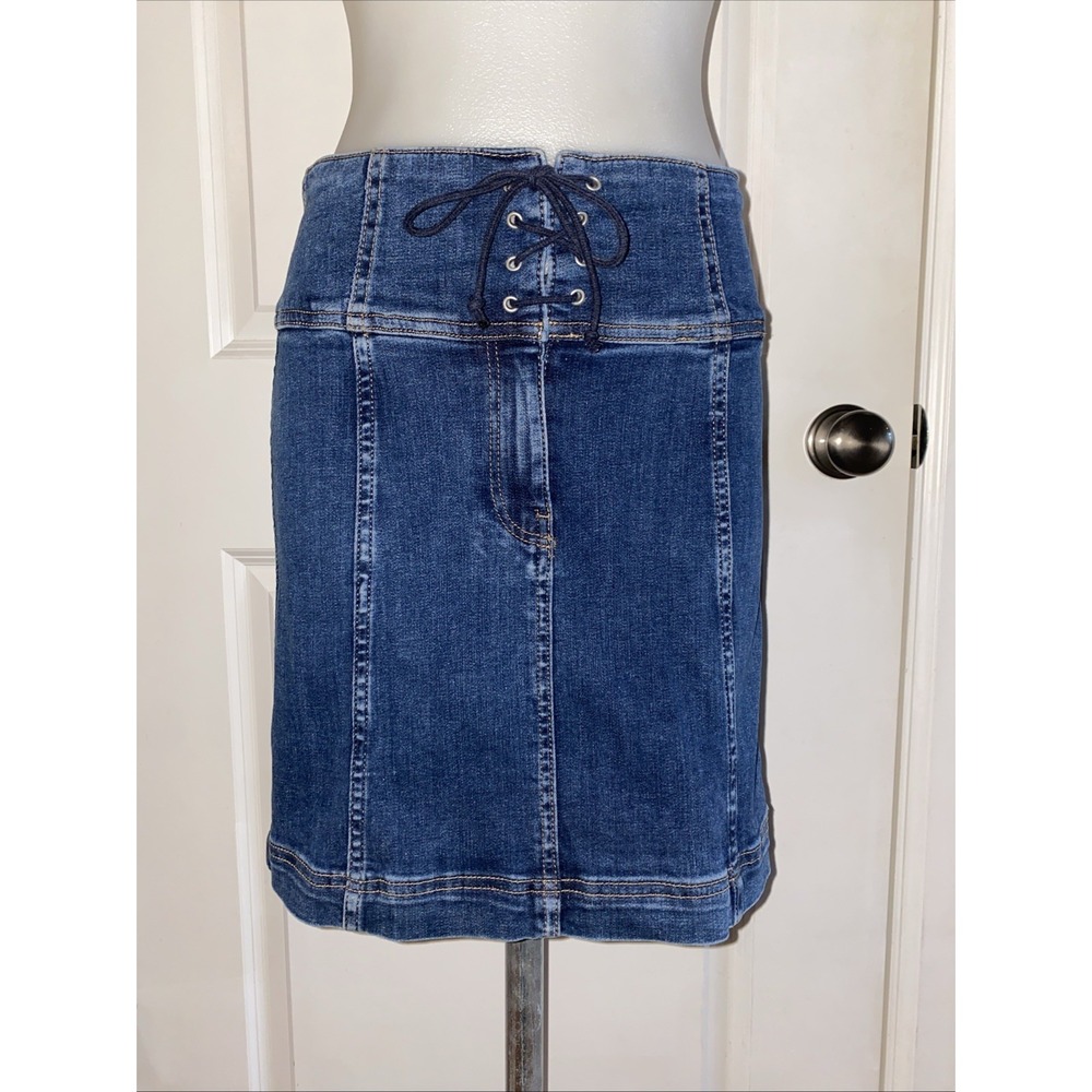 Free People Denim Mini Skirt Lace Up Corset High Waist Blue Size 4 Stretch